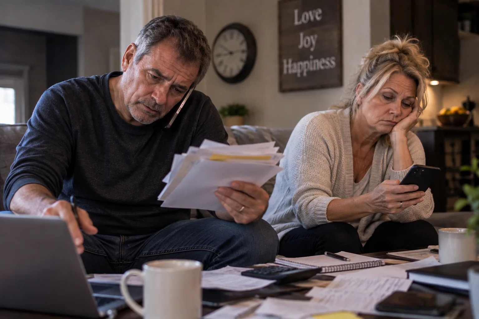 Stressed couple going through bills and paperwork at home